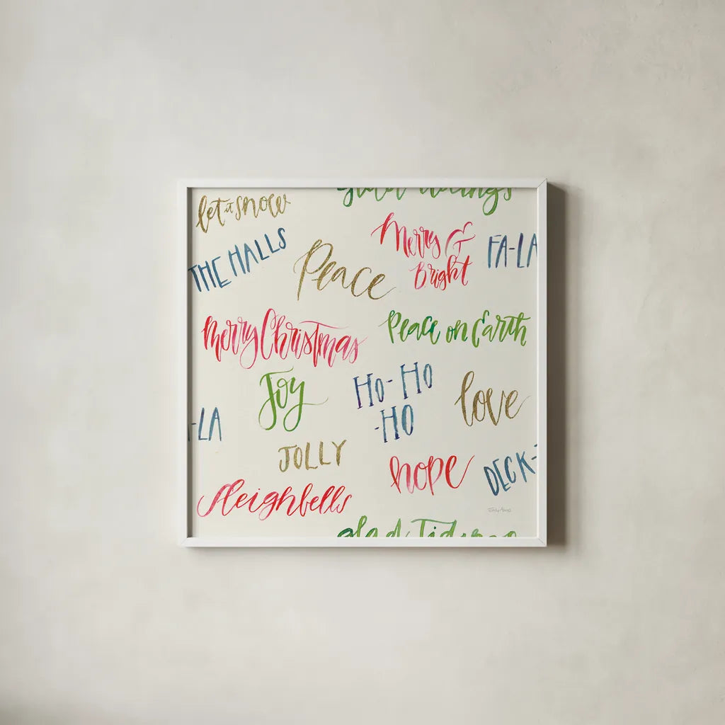 Christmas Critters Bright Pattern IB by Emily Adams. Shown in a crisp white glass frame for a clean and minimalist style. Available as an archival giclee rolled canvas, fine art paper, or poster print. SKU 49201a.