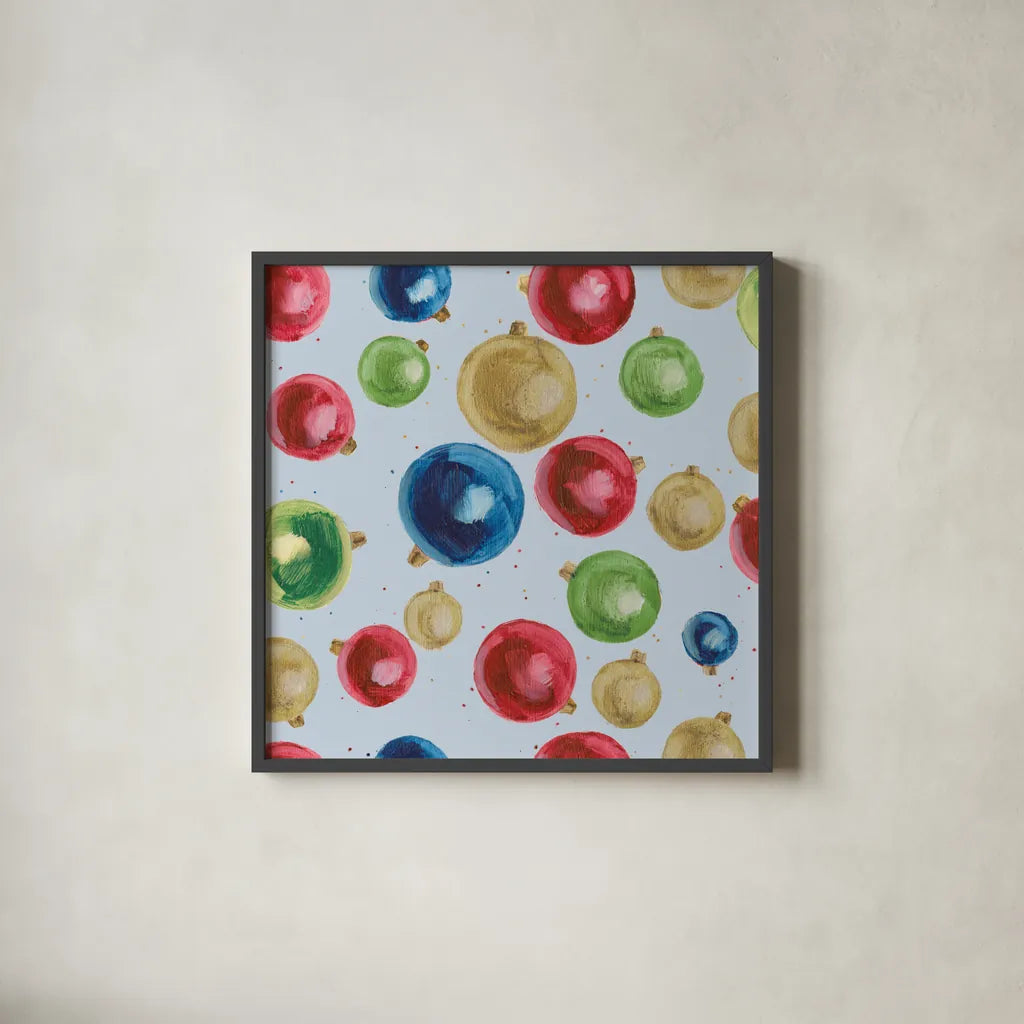 Christmas Critters Bright Pattern IIA  by Emily Adams. Shown in a sleek black glass frame for a contemporary gallery look. Available as an archival giclee rolled canvas, fine art paper, or poster print. SKU 49202a.