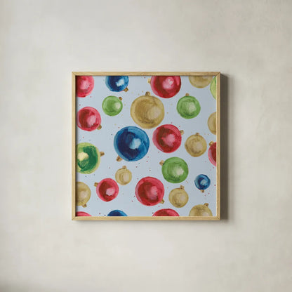 Christmas Critters Bright Pattern IIA  by Emily Adams. Shown in a natural wood glass frame for a timeless modern aesthetic. Available as an archival giclee rolled canvas, fine art paper, or poster print. SKU 49202a.