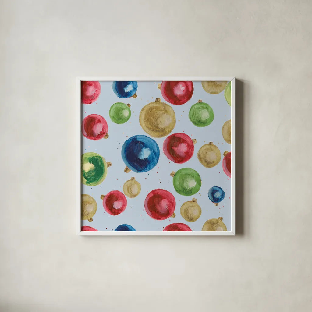 Christmas Critters Bright Pattern IIA  by Emily Adams. Shown in a crisp white glass frame for a clean and minimalist style. Available as an archival giclee rolled canvas, fine art paper, or poster print. SKU 49202a.