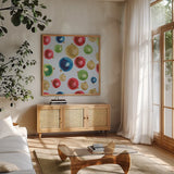 Christmas Critters Bright Pattern IIA  by Emily Adams. Shown in a natural wood frame in a cozy modern living room. Available as an archival giclee rolled canvas, fine art paper, or poster print. SKU 49202a.