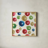 Christmas Critters Bright Pattern IIB by Emily Adams. Shown in a natural wood glass frame for a timeless modern aesthetic. Available as an archival giclee rolled canvas, fine art paper, or poster print. SKU 49203a.
