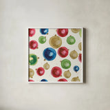 Christmas Critters Bright Pattern IIB by Emily Adams. Shown in a crisp white glass frame for a clean and minimalist style. Available as an archival giclee rolled canvas, fine art paper, or poster print. SKU 49203a.