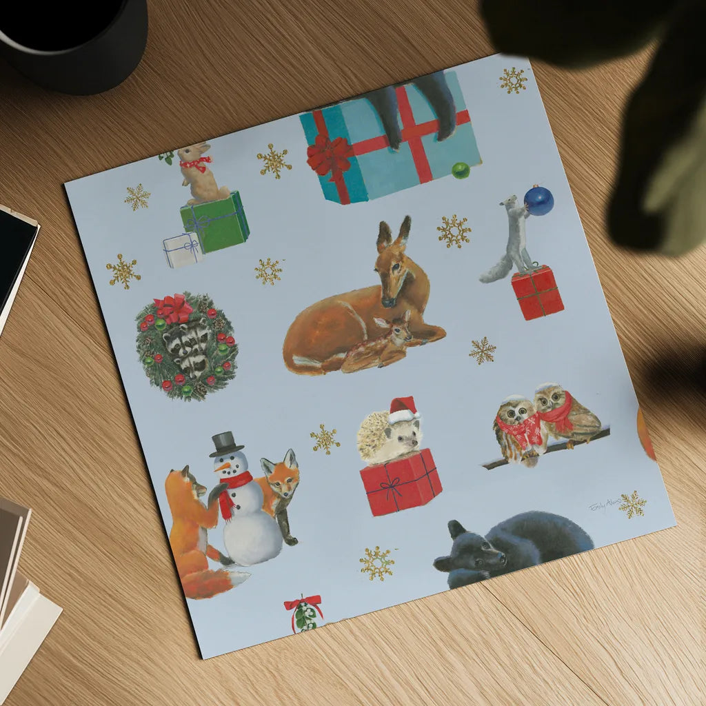 Christmas Critters Bright Pattern IIIA by Emily Adams. Shown as a detailed flat fine art print, highlighting archival giclee quality. Available as an archival giclee rolled canvas, fine art paper, or poster print. SKU 49204a.