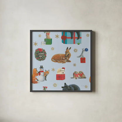 Christmas Critters Bright Pattern IIIA by Emily Adams. Shown in a sleek black glass frame for a contemporary gallery look. Available as an archival giclee rolled canvas, fine art paper, or poster print. SKU 49204a.