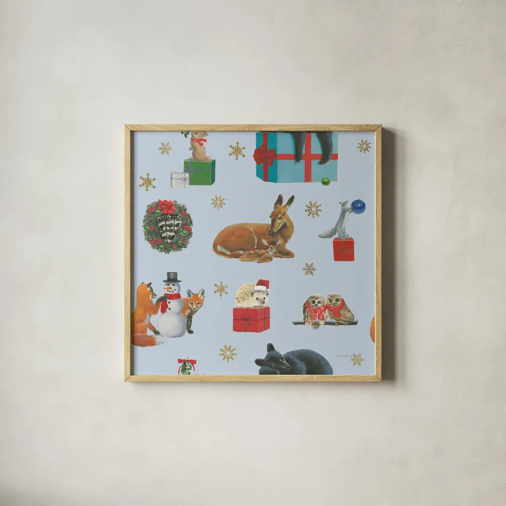 Christmas Critters Bright Pattern IIIA by Emily Adams. Shown in a natural wood glass frame for a timeless modern aesthetic. Available as an archival giclee rolled canvas, fine art paper, or poster print. SKU 49204a.