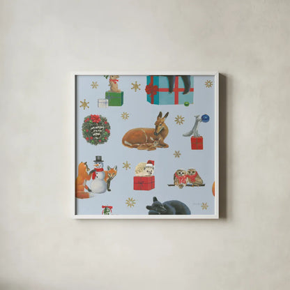 Christmas Critters Bright Pattern IIIA by Emily Adams. Shown in a crisp white glass frame for a clean and minimalist style. Available as an archival giclee rolled canvas, fine art paper, or poster print. SKU 49204a.