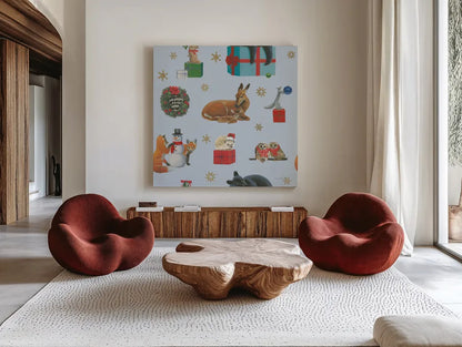 Christmas Critters Bright Pattern IIIA by Emily Adams. Shown as extra-large giant wall art in a modern living room. Available as an archival giclee rolled canvas, fine art paper, or poster print. SKU 49204a.