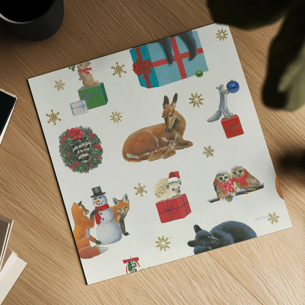 Christmas Critters Bright Pattern IIIB by Emily Adams. Shown as a detailed flat fine art print, highlighting archival giclee quality. Available as an archival giclee rolled canvas, fine art paper, or poster print. SKU 49205a.