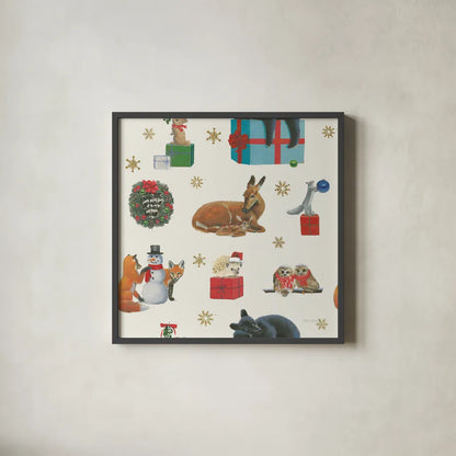 Christmas Critters Bright Pattern IIIB by Emily Adams. Shown in a sleek black glass frame for a contemporary gallery look. Available as an archival giclee rolled canvas, fine art paper, or poster print. SKU 49205a.