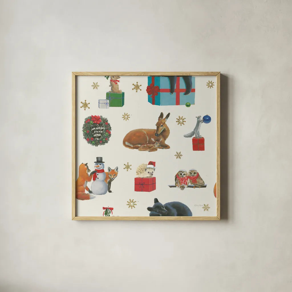 Christmas Critters Bright Pattern IIIB by Emily Adams. Shown in a natural wood glass frame for a timeless modern aesthetic. Available as an archival giclee rolled canvas, fine art paper, or poster print. SKU 49205a.