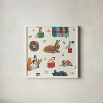 Christmas Critters Bright Pattern IIIB by Emily Adams. Shown in a crisp white glass frame for a clean and minimalist style. Available as an archival giclee rolled canvas, fine art paper, or poster print. SKU 49205a.