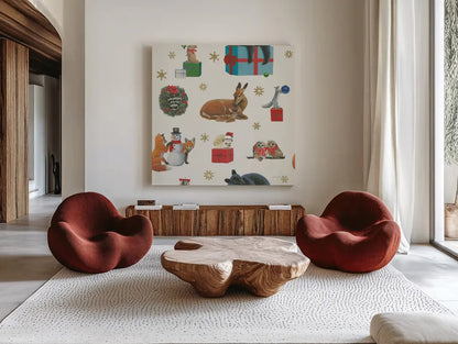 Christmas Critters Bright Pattern IIIB by Emily Adams. Shown as extra-large giant wall art in a modern living room. Available as an archival giclee rolled canvas, fine art paper, or poster print. SKU 49205a.