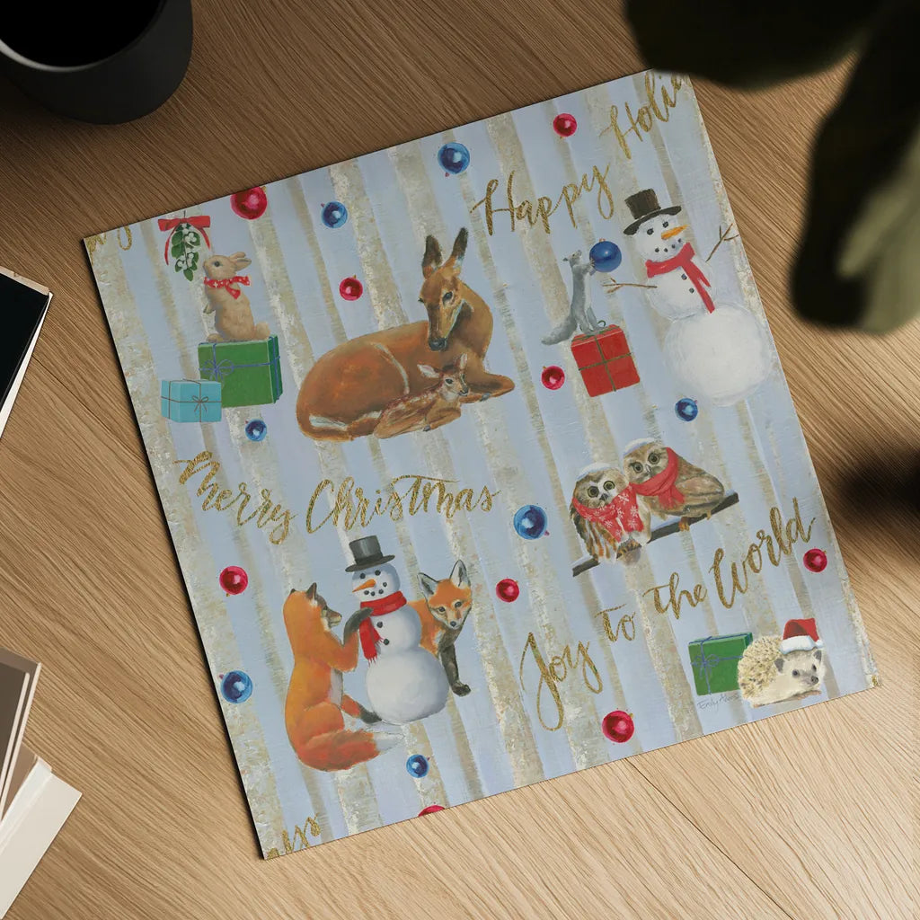 Christmas Critters Bright Pattern IVA by Emily Adams. Shown as a detailed flat fine art print, highlighting archival giclee quality. Available as an archival giclee rolled canvas, fine art paper, or poster print. SKU 49206a.