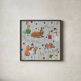 Christmas Critters Bright Pattern IVA by Emily Adams. Shown in a sleek black glass frame for a contemporary gallery look. Available as an archival giclee rolled canvas, fine art paper, or poster print. SKU 49206a.