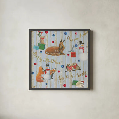 Christmas Critters Bright Pattern IVA by Emily Adams. Shown in a sleek black glass frame for a contemporary gallery look. Available as an archival giclee rolled canvas, fine art paper, or poster print. SKU 49206a.