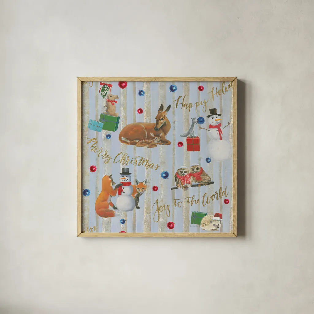 Christmas Critters Bright Pattern IVA by Emily Adams. Shown in a natural wood glass frame for a timeless modern aesthetic. Available as an archival giclee rolled canvas, fine art paper, or poster print. SKU 49206a.