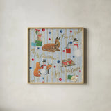 Christmas Critters Bright Pattern IVA by Emily Adams. Shown in a natural wood glass frame for a timeless modern aesthetic. Available as an archival giclee rolled canvas, fine art paper, or poster print. SKU 49206a.