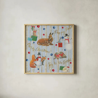 Christmas Critters Bright Pattern IVA by Emily Adams. Shown in a natural wood glass frame for a timeless modern aesthetic. Available as an archival giclee rolled canvas, fine art paper, or poster print. SKU 49206a.
