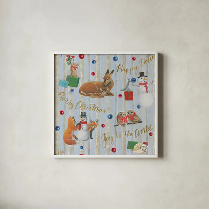 Christmas Critters Bright Pattern IVA by Emily Adams. Shown in a crisp white glass frame for a clean and minimalist style. Available as an archival giclee rolled canvas, fine art paper, or poster print. SKU 49206a.