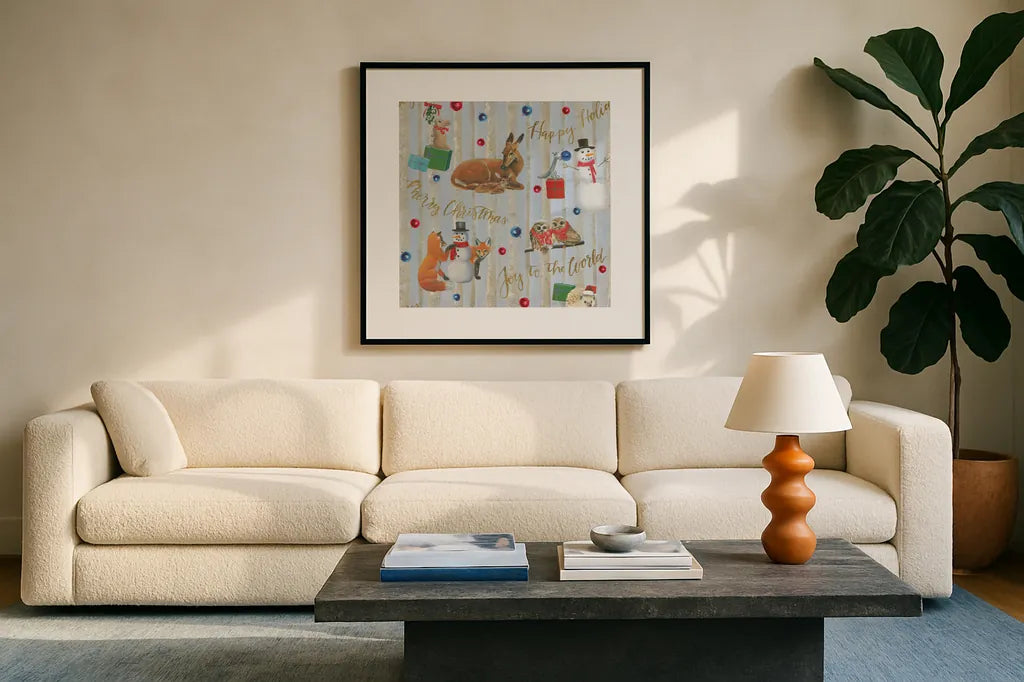 Christmas Critters Bright Pattern IVA by Emily Adams. Displayed in a glass frame with matte in a clean modern living room. Available as an archival giclee rolled canvas, fine art paper, or poster print. SKU 49206a.