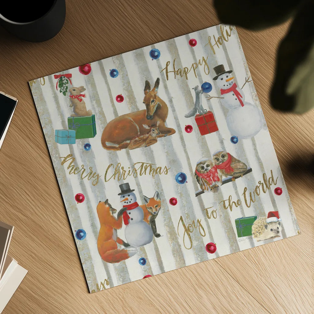 Christmas Critters Bright Pattern IVB by Emily Adams. Shown as a detailed flat fine art print, highlighting archival giclee quality. Available as an archival giclee rolled canvas, fine art paper, or poster print. SKU 49207a.