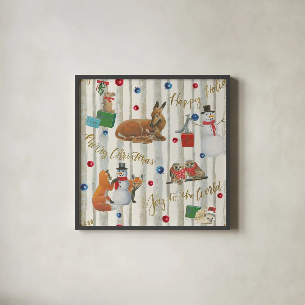 Christmas Critters Bright Pattern IVB by Emily Adams. Shown in a sleek black glass frame for a contemporary gallery look. Available as an archival giclee rolled canvas, fine art paper, or poster print. SKU 49207a.