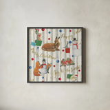 Christmas Critters Bright Pattern IVB by Emily Adams. Shown in a sleek black glass frame for a contemporary gallery look. Available as an archival giclee rolled canvas, fine art paper, or poster print. SKU 49207a.