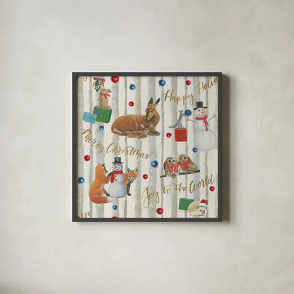 Christmas Critters Bright Pattern IVB by Emily Adams. Shown in a sleek black glass frame for a contemporary gallery look. Available as an archival giclee rolled canvas, fine art paper, or poster print. SKU 49207a.