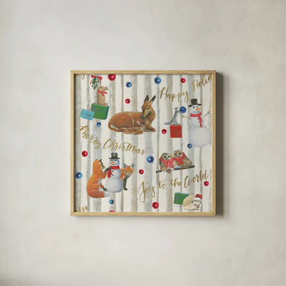 Christmas Critters Bright Pattern IVB by Emily Adams. Shown in a natural wood glass frame for a timeless modern aesthetic. Available as an archival giclee rolled canvas, fine art paper, or poster print. SKU 49207a.