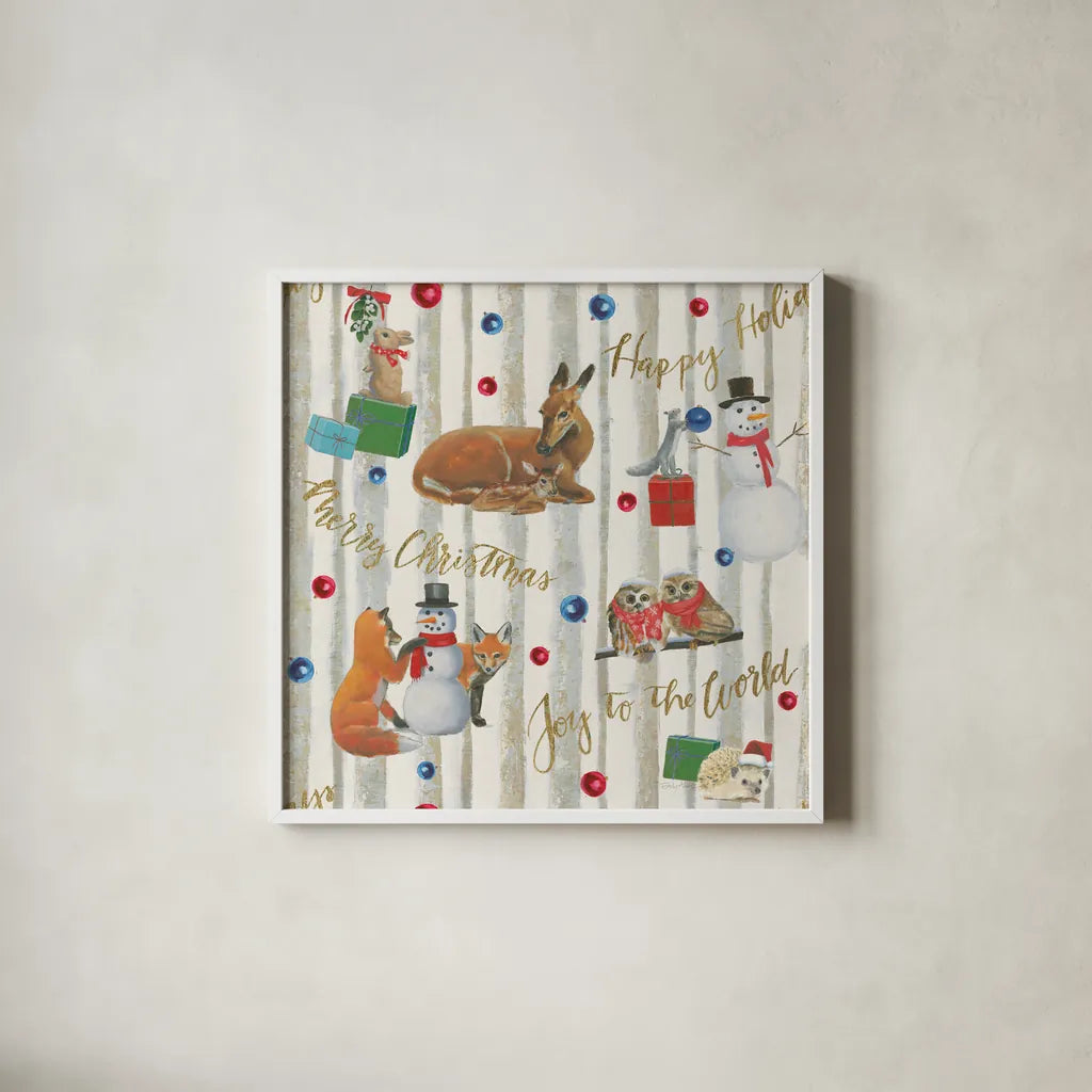 Christmas Critters Bright Pattern IVB by Emily Adams. Shown in a crisp white glass frame for a clean and minimalist style. Available as an archival giclee rolled canvas, fine art paper, or poster print. SKU 49207a.