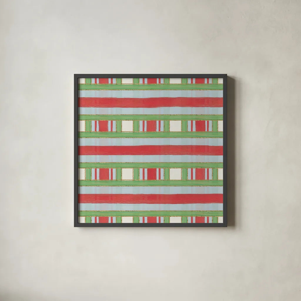 Christmas Critters Bright Pattern VIB by Emily Adams. Shown in a sleek black glass frame for a contemporary gallery look. Available as an archival giclee rolled canvas, fine art paper, or poster print. SKU 49211a.