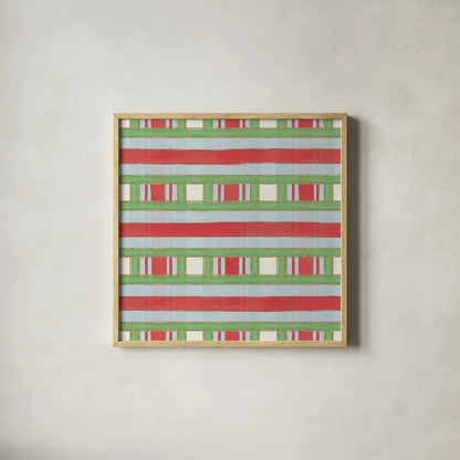 Christmas Critters Bright Pattern VIB by Emily Adams. Shown in a natural wood glass frame for a timeless modern aesthetic. Available as an archival giclee rolled canvas, fine art paper, or poster print. SKU 49211a.