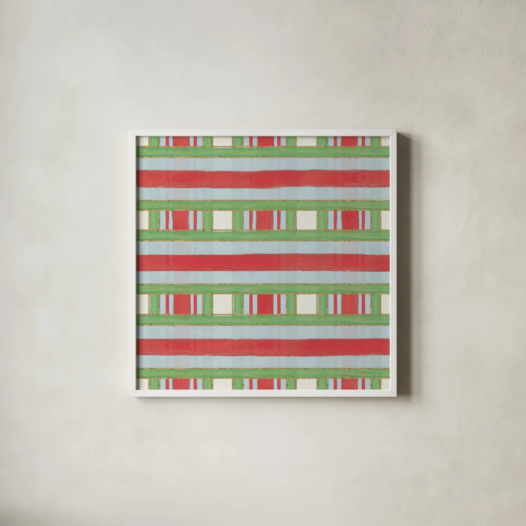 Christmas Critters Bright Pattern VIB by Emily Adams. Shown in a crisp white glass frame for a clean and minimalist style. Available as an archival giclee rolled canvas, fine art paper, or poster print. SKU 49211a.