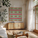 Christmas Critters Bright Pattern VIB by Emily Adams. Shown in a natural wood frame in a cozy modern living room. Available as an archival giclee rolled canvas, fine art paper, or poster print. SKU 49211a.
