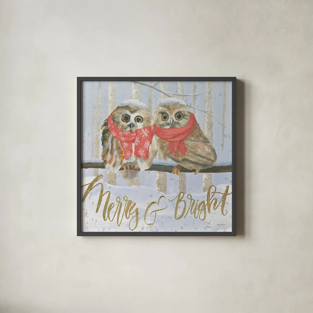 Christmas Critters Bright V by Emily Adams. Shown in a sleek black glass frame for a contemporary gallery look. Available as an archival giclee rolled canvas, fine art paper, or poster print. SKU 49193a.