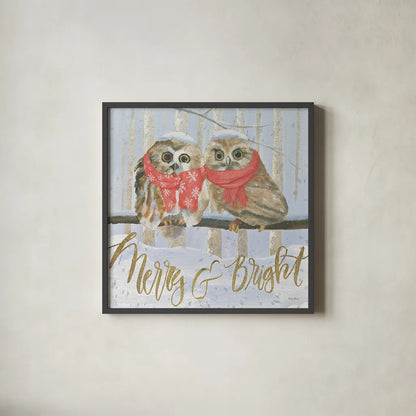 Christmas Critters Bright V by Emily Adams. Shown in a sleek black glass frame for a contemporary gallery look. Available as an archival giclee rolled canvas, fine art paper, or poster print. SKU 49193a.