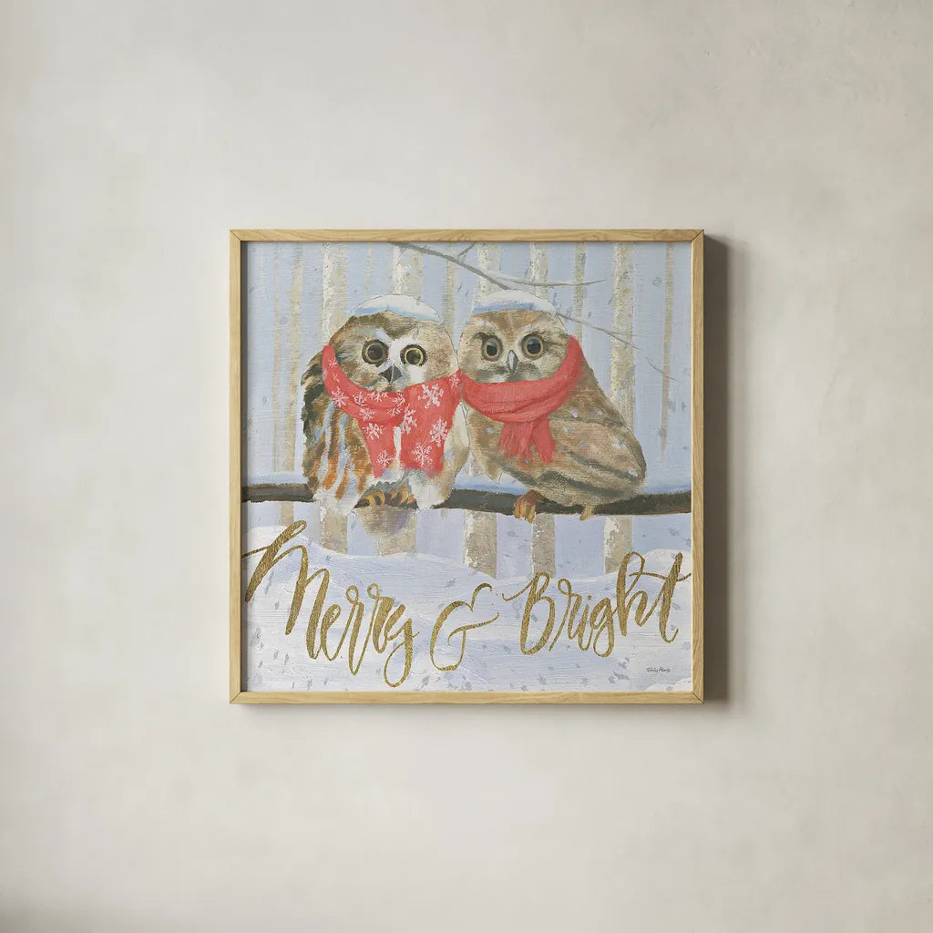 Christmas Critters Bright V by Emily Adams. Shown in a natural wood glass frame for a timeless modern aesthetic. Available as an archival giclee rolled canvas, fine art paper, or poster print. SKU 49193a.