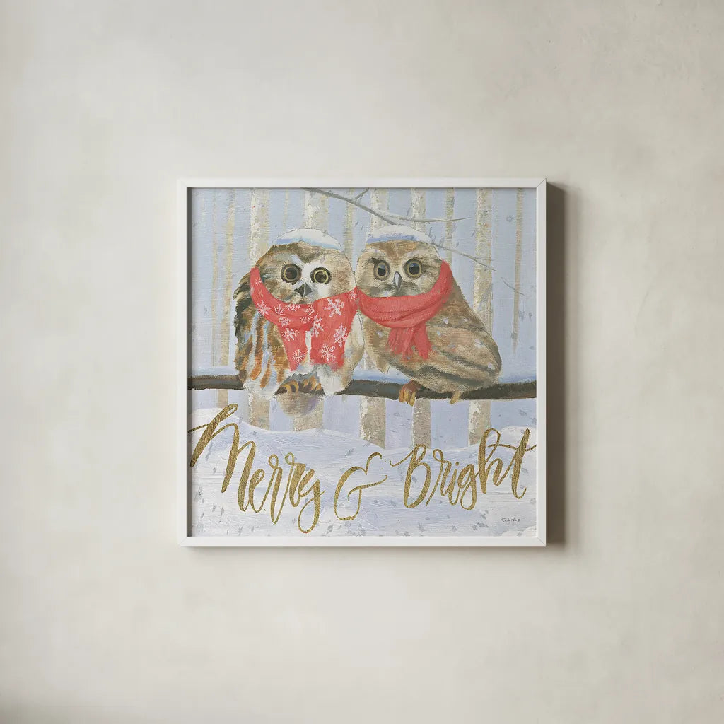 Christmas Critters Bright V by Emily Adams. Shown in a crisp white glass frame for a clean and minimalist style. Available as an archival giclee rolled canvas, fine art paper, or poster print. SKU 49193a.