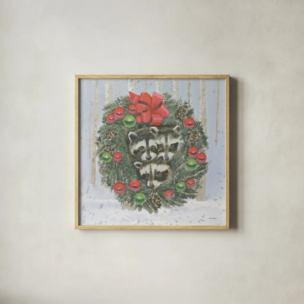 Christmas Critters Bright VI by Emily Adams. Shown in a natural wood glass frame for a timeless modern aesthetic. Available as an archival giclee rolled canvas, fine art paper, or poster print. SKU 49194a.