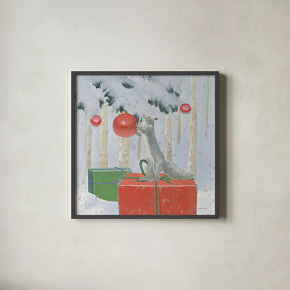 Christmas Critters Bright VII by Emily Adams. Shown in a sleek black glass frame for a contemporary gallery look. Available as an archival giclee rolled canvas, fine art paper, or poster print. SKU 49195a.