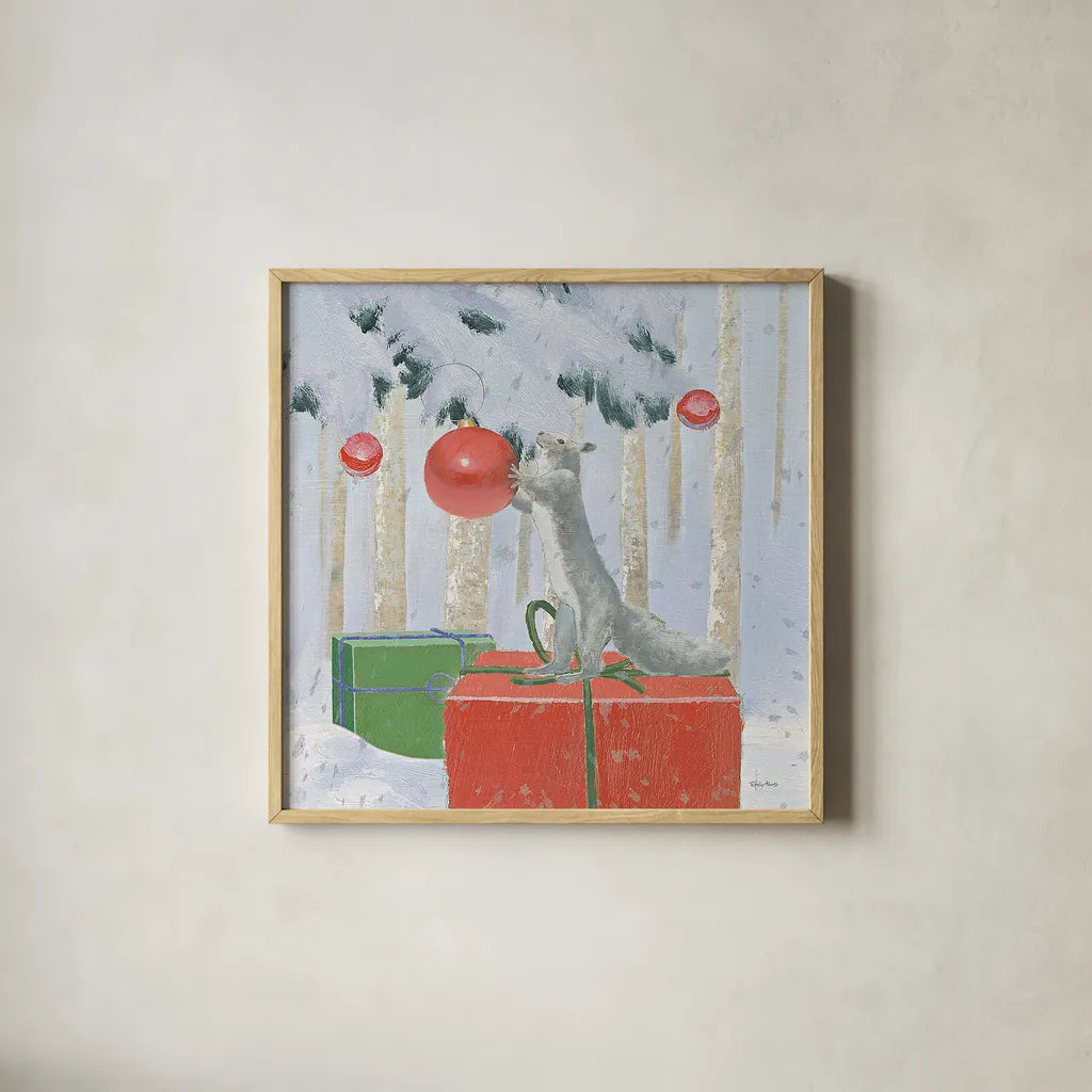 Christmas Critters Bright VII by Emily Adams. Shown in a natural wood glass frame for a timeless modern aesthetic. Available as an archival giclee rolled canvas, fine art paper, or poster print. SKU 49195a.