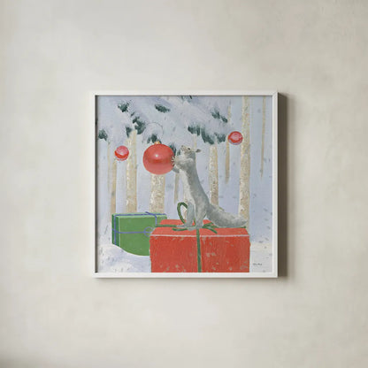 Christmas Critters Bright VII by Emily Adams. Shown in a crisp white glass frame for a clean and minimalist style. Available as an archival giclee rolled canvas, fine art paper, or poster print. SKU 49195a.