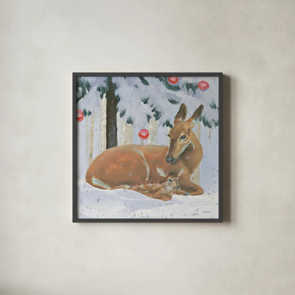 Christmas Critters Bright VIII by Emily Adams. Shown in a sleek black glass frame for a contemporary gallery look. Available as an archival giclee rolled canvas, fine art paper, or poster print. SKU 49196a.