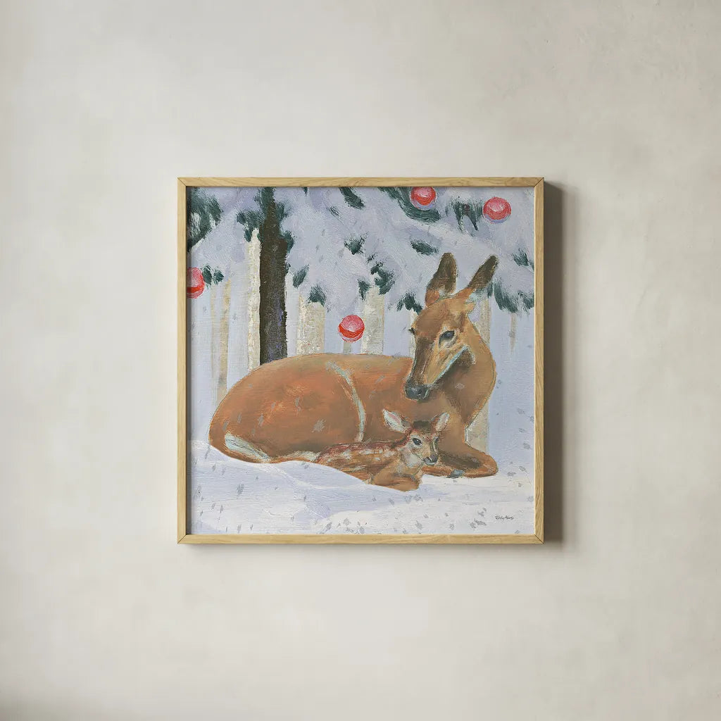 Christmas Critters Bright VIII by Emily Adams. Shown in a natural wood glass frame for a timeless modern aesthetic. Available as an archival giclee rolled canvas, fine art paper, or poster print. SKU 49196a.