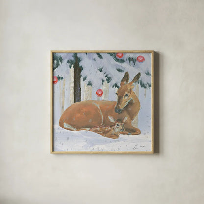 Christmas Critters Bright VIII by Emily Adams. Shown in a natural wood glass frame for a timeless modern aesthetic. Available as an archival giclee rolled canvas, fine art paper, or poster print. SKU 49196a.