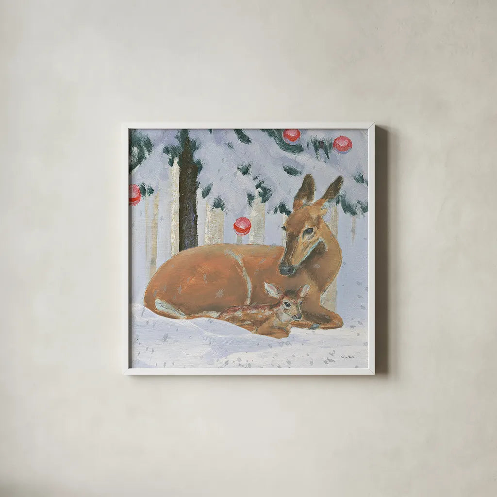 Christmas Critters Bright VIII by Emily Adams. Shown in a crisp white glass frame for a clean and minimalist style. Available as an archival giclee rolled canvas, fine art paper, or poster print. SKU 49196a.