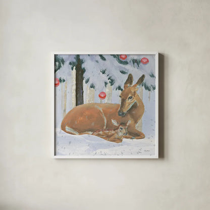 Christmas Critters Bright VIII by Emily Adams. Shown in a crisp white glass frame for a clean and minimalist style. Available as an archival giclee rolled canvas, fine art paper, or poster print. SKU 49196a.