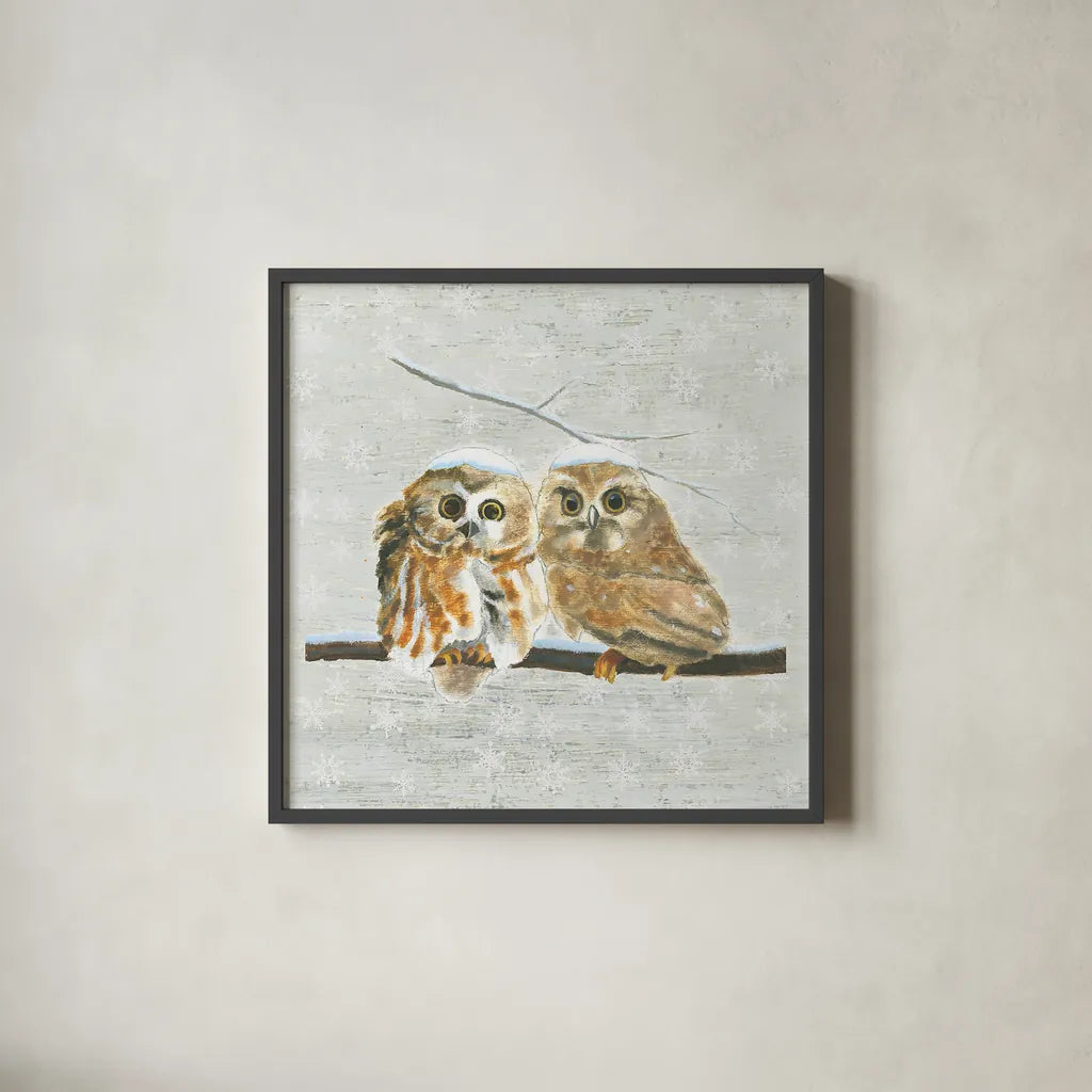 Christmas Critters I by Emily Adams. Shown in a sleek black glass frame for a contemporary gallery look. Available as an archival giclee rolled canvas, fine art paper, or poster print. SKU 29325a.