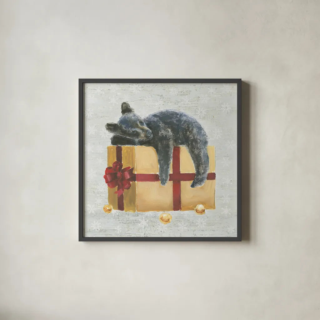 Christmas Critters III by Emily Adams. Shown in a sleek black glass frame for a contemporary gallery look. Available as an archival giclee rolled canvas, fine art paper, or poster print. SKU 29327a.